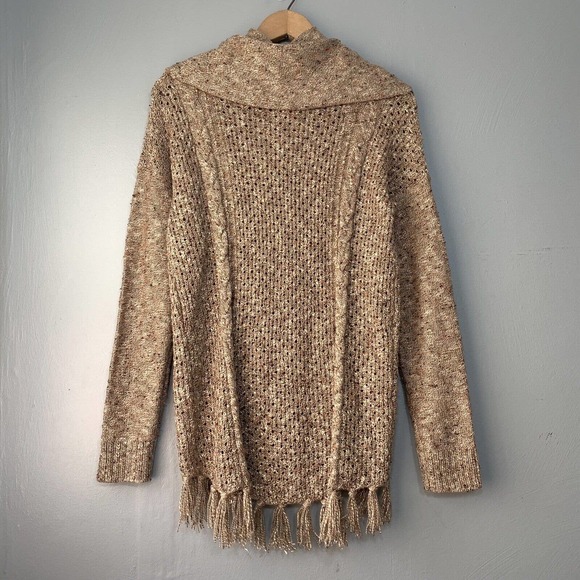 Bass Womens Small Marled Tan Boho Sweater Fringed Tunic Top Cowl Neck Cable Knit - Picture 6 of 8